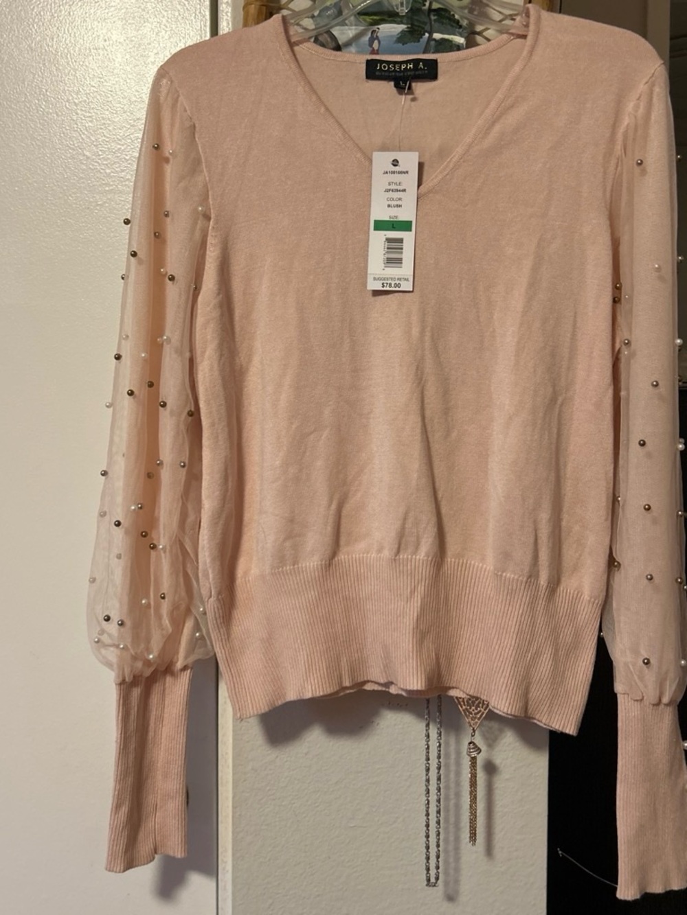 Joseph A. Blush Pink V-Neck Sweater with Pearl-Embellished Sheer Sleeves
